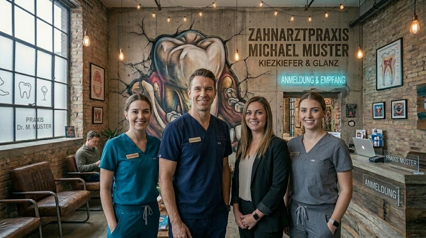 Das Team der Zahnarztpraxis Michael Muster – Dr. Muster mit seinen Assistentinnen im Empfangsbereich